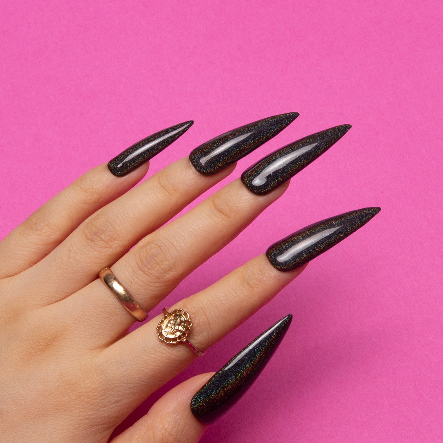 Mirror Black Handmade Stiletto Nails H9