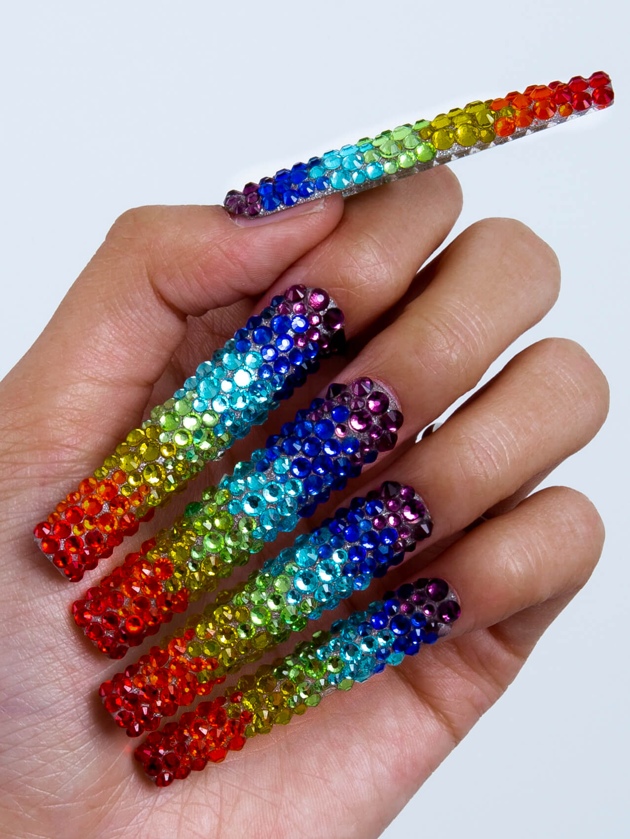rainbow rhinestone press on nails