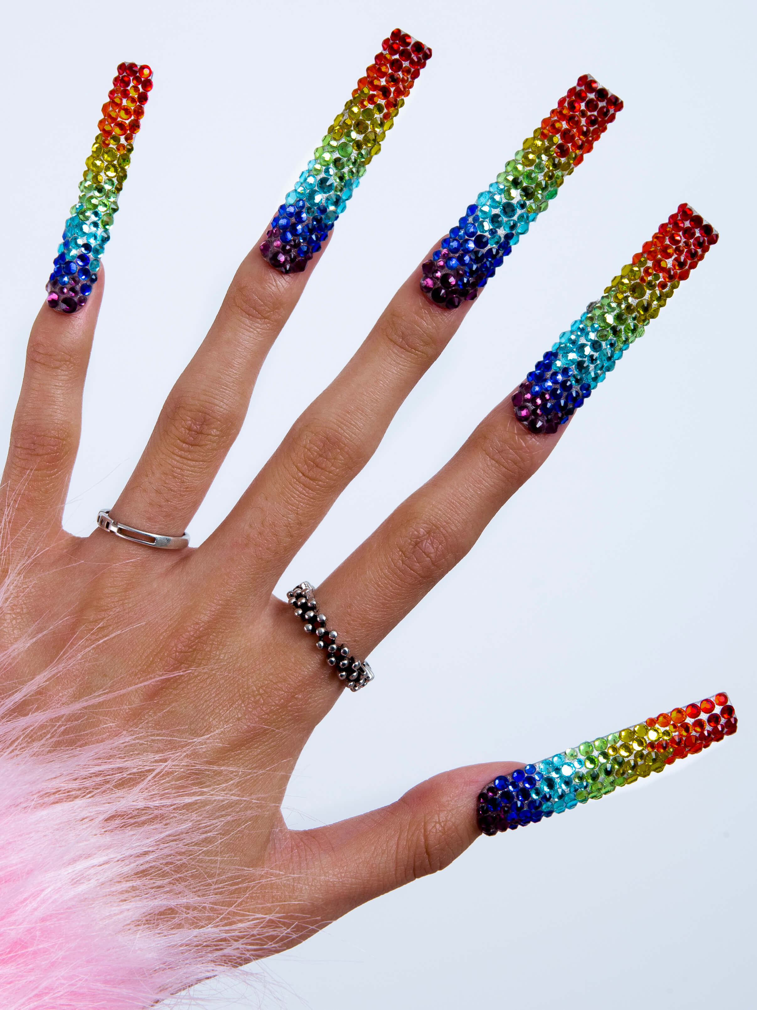 rainbow rhinestone press on nails