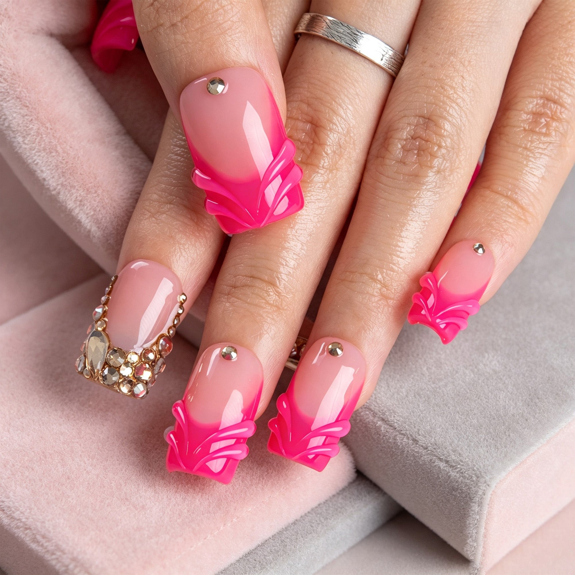 Hot Pink Glow Handmade Nails H920