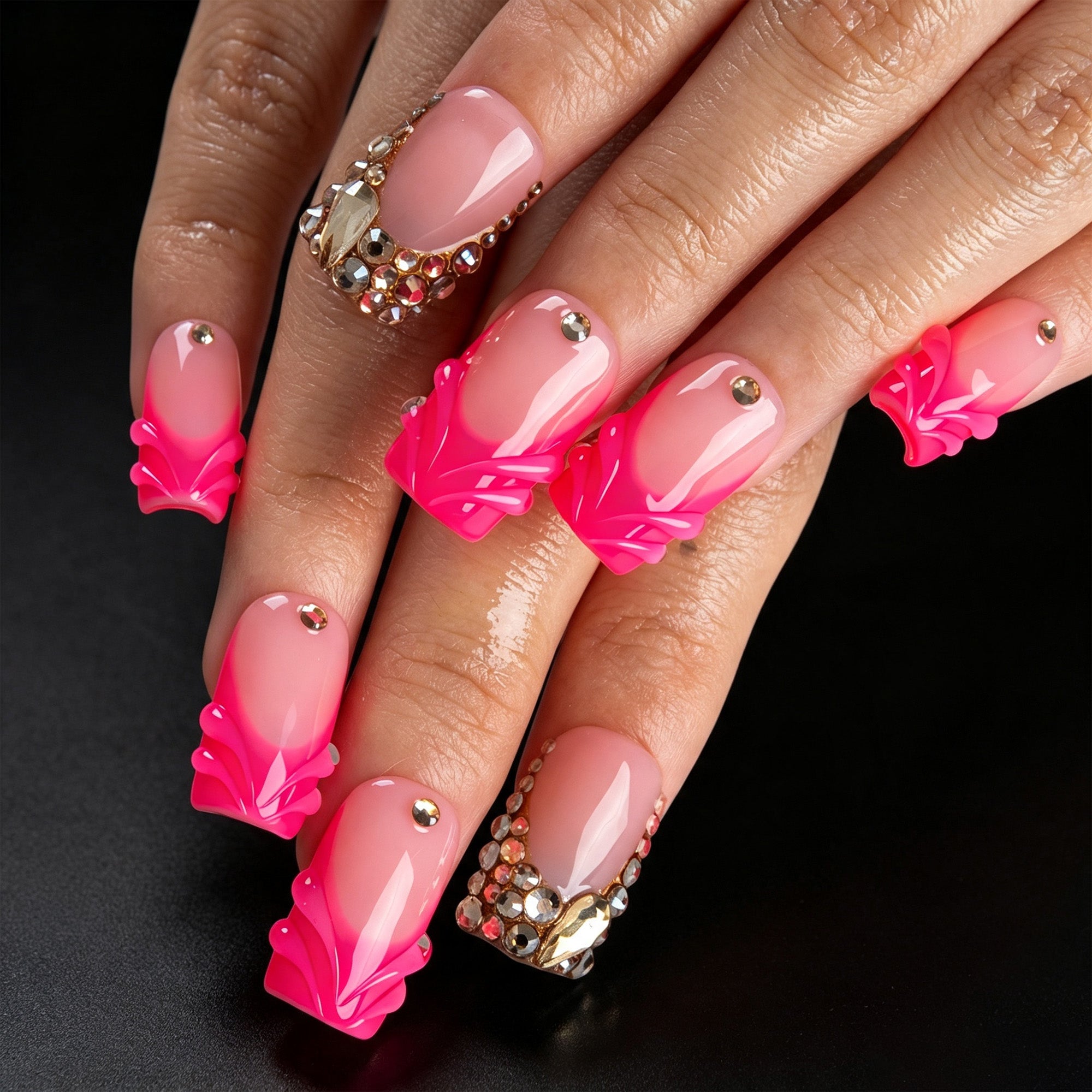 Hot Pink Glow Handmade Nails H920