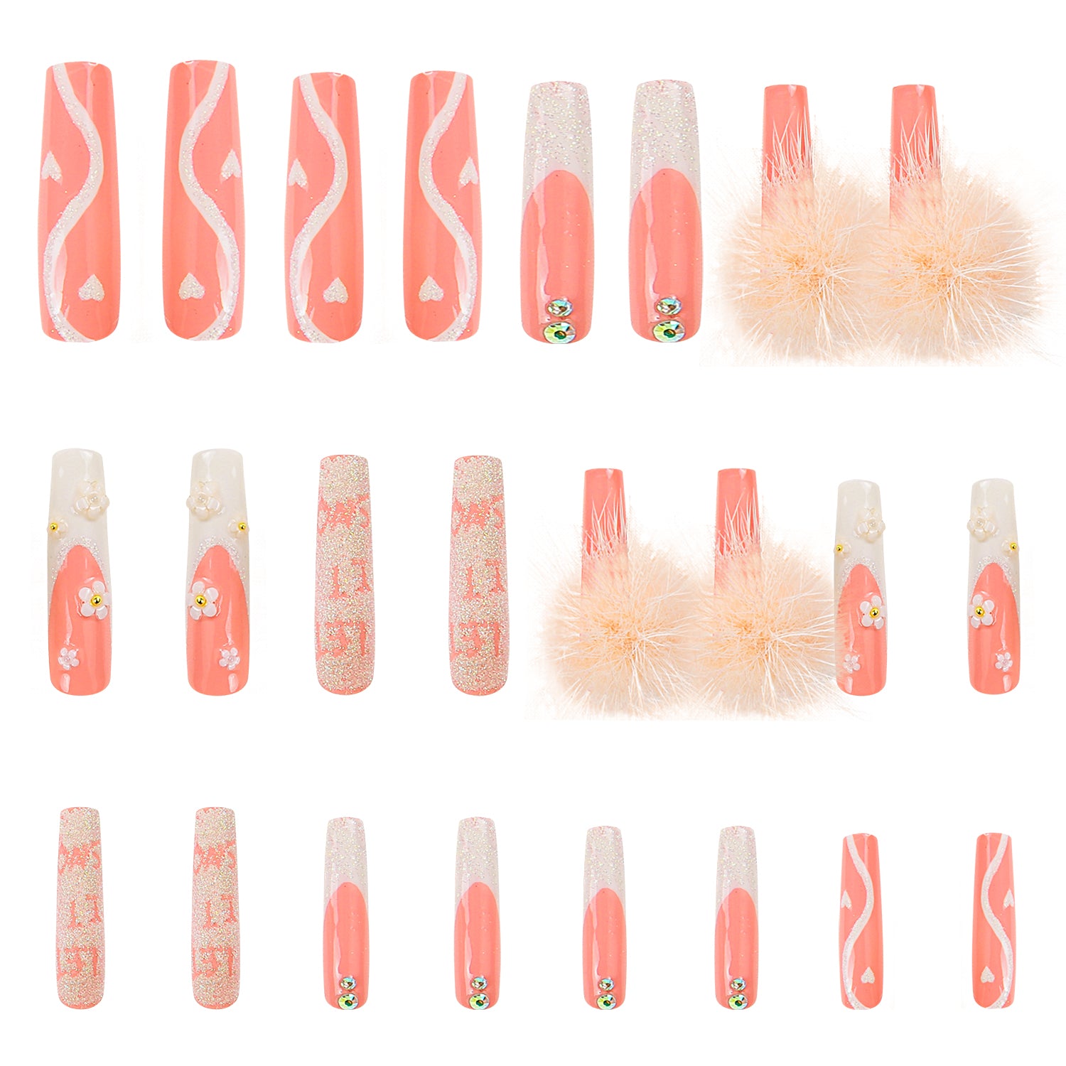 Pom Pom Love Gender Reveal Handmade Nails 24pcs H93