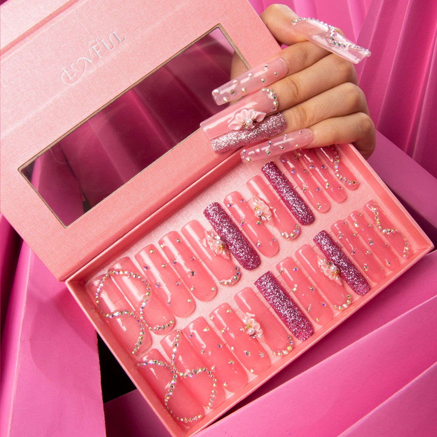 Shimmer Blossom Pink Handmade Nails 24pcs H96