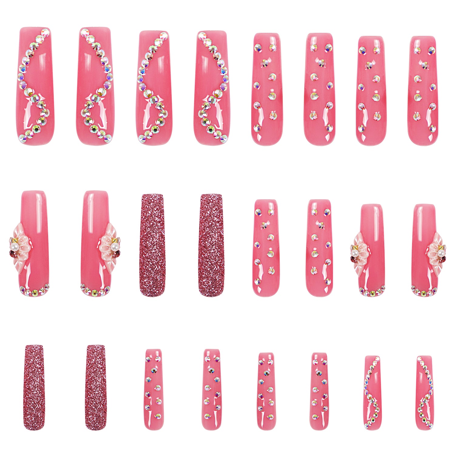 24 hot pink press-on acrylic nails with rhinestones, sparkling accents, glitter patterns, and flower blossoms from the Shimmer Blossom collection by Lovful.