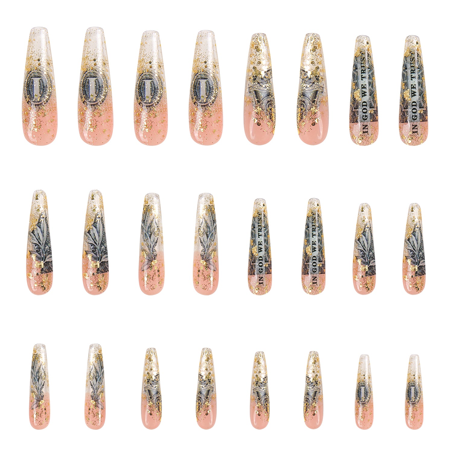 Set of 24 press-on nails displaying a stylish design with dollar decor and gold sparkles, perfect for a chic and fashionable look. Named Dollar (H98) and ready to ship.