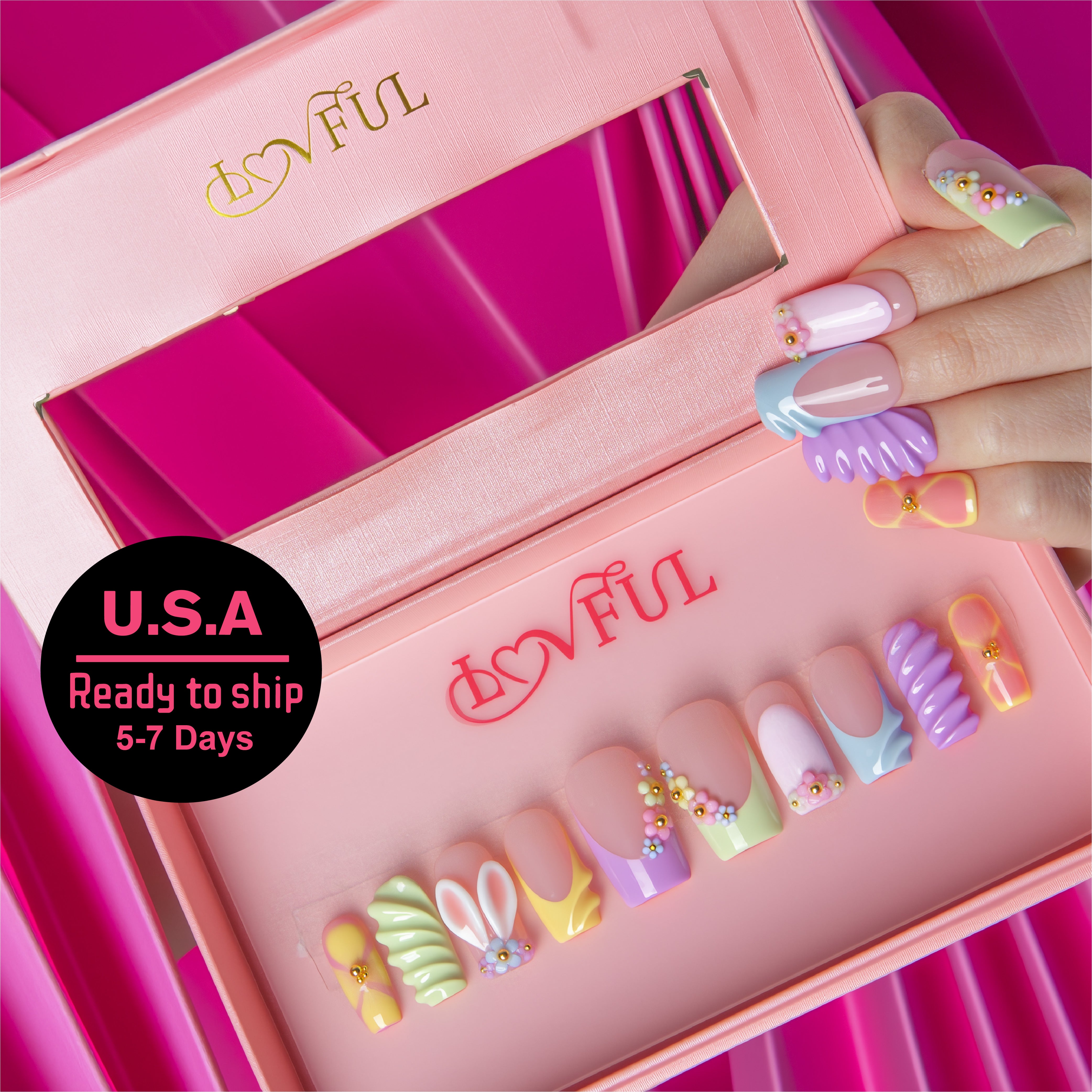 Pastel Bunnies Handmade Square Nails H810 RTS