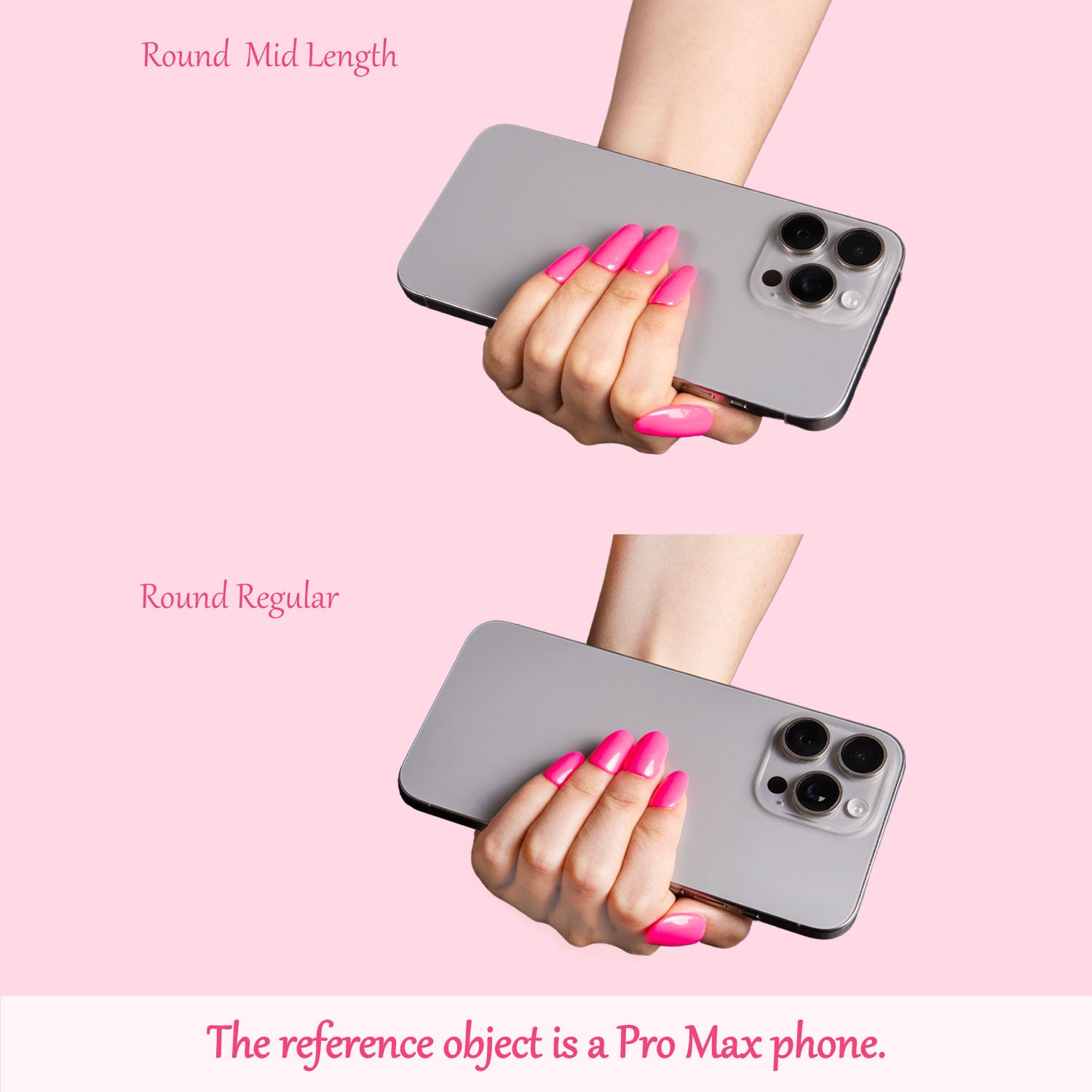 Comparison of pink press-on nails: 'Round Mid Length' and 'Round Regular,' held against a Pro Max phone.