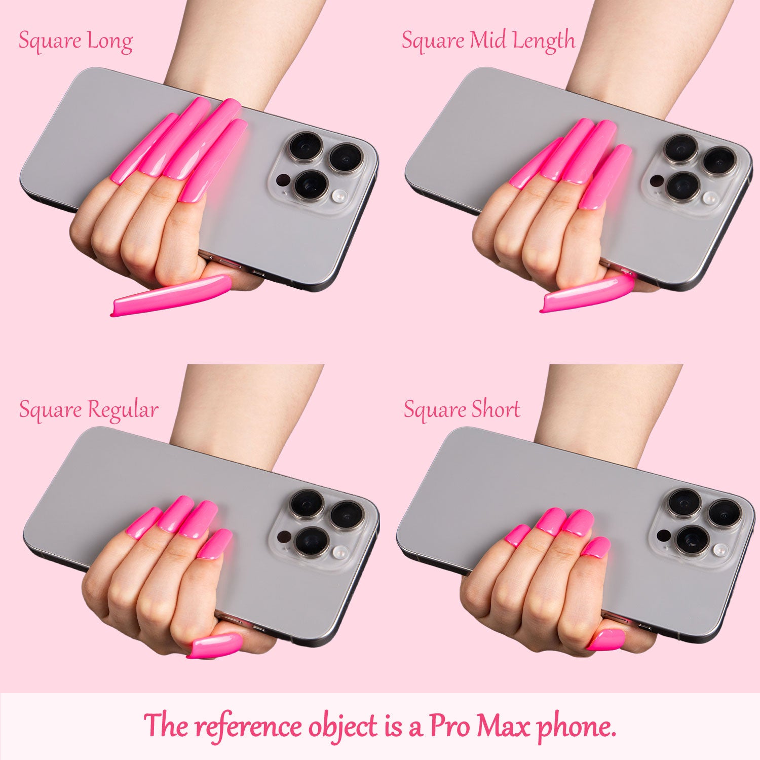 'Sweet Wonderland' press-on nails in bright pink, shown in four lengths: Square Long, Square Mid Length, Square Regular, and Square Short. Demonstrated by holding a Pro Max phone.