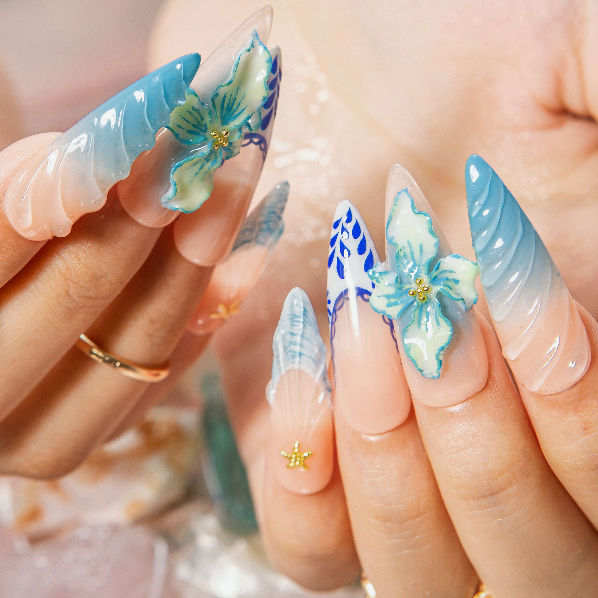 Summer Siren Handmade Stiletto Nails H551 RTS