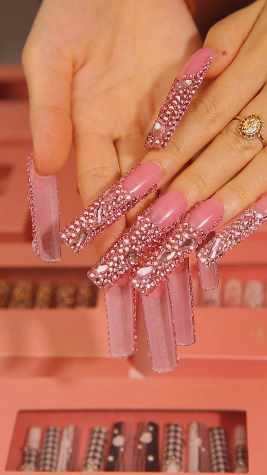 pink French tip rhinestone press on nails