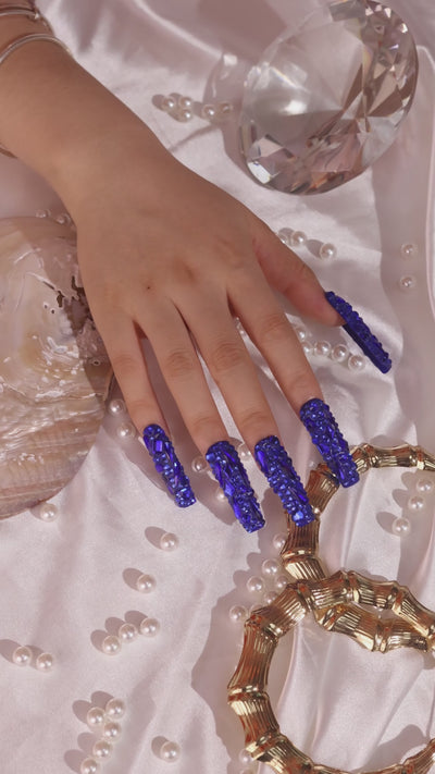 blue rhinestone press on nails