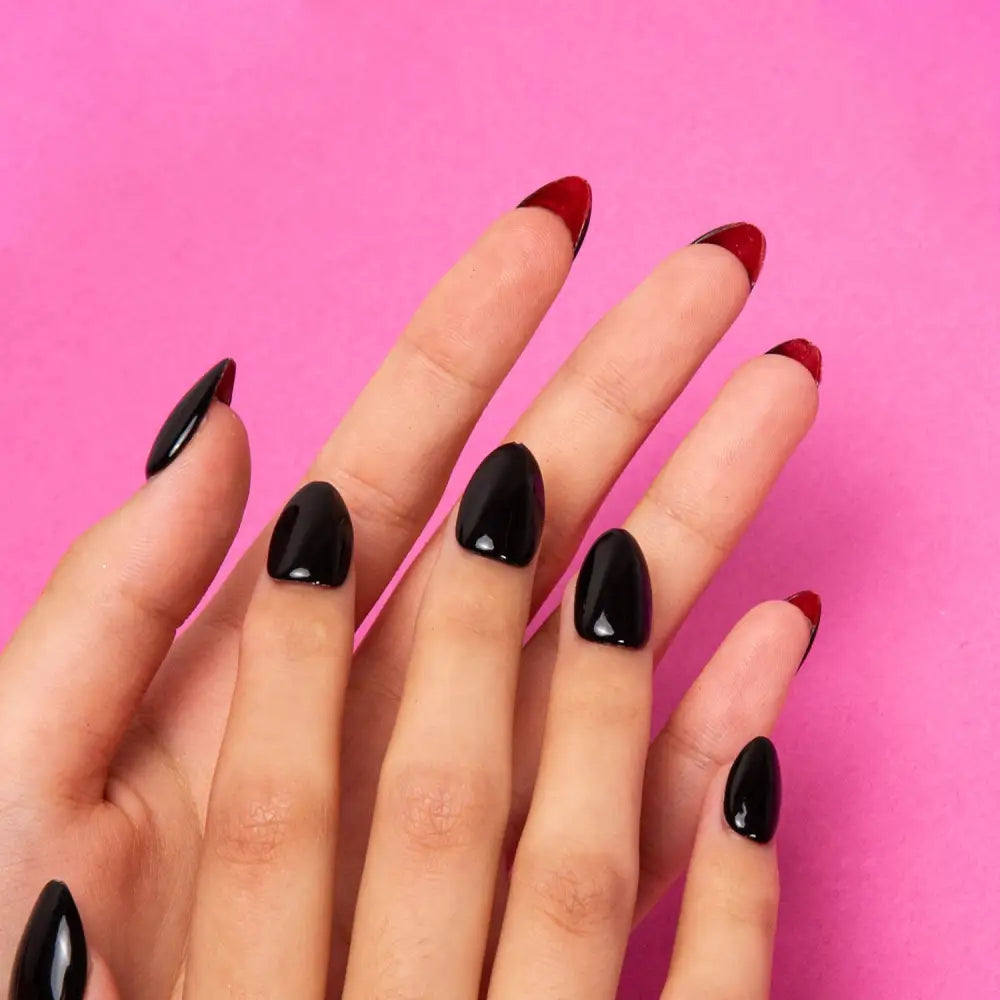 Red Sole Black And Handmade Almond Nails H22 Rts