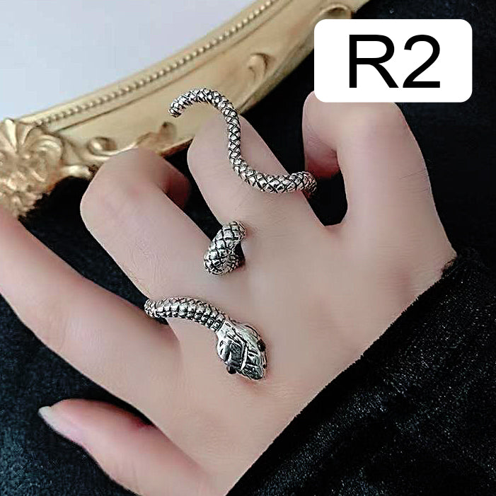 Silver snake-shaped ring with intricate scale details and snake head design, coiled around a finger. Text on image reads 'R2'.